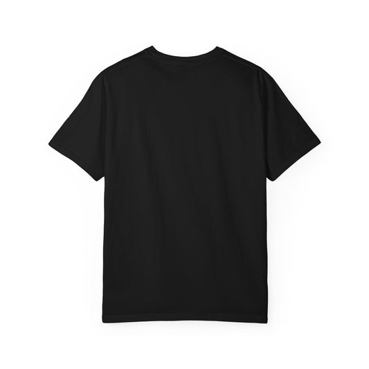 Mockup: back of the black Heavy tee, plain with no print