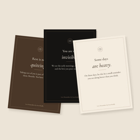 Three printable caregiver cards from the Love Remembers set in deep brown, black and cream, with quiet serif type: Rest is not quitting, You are not invisible, and Some days are heavy.