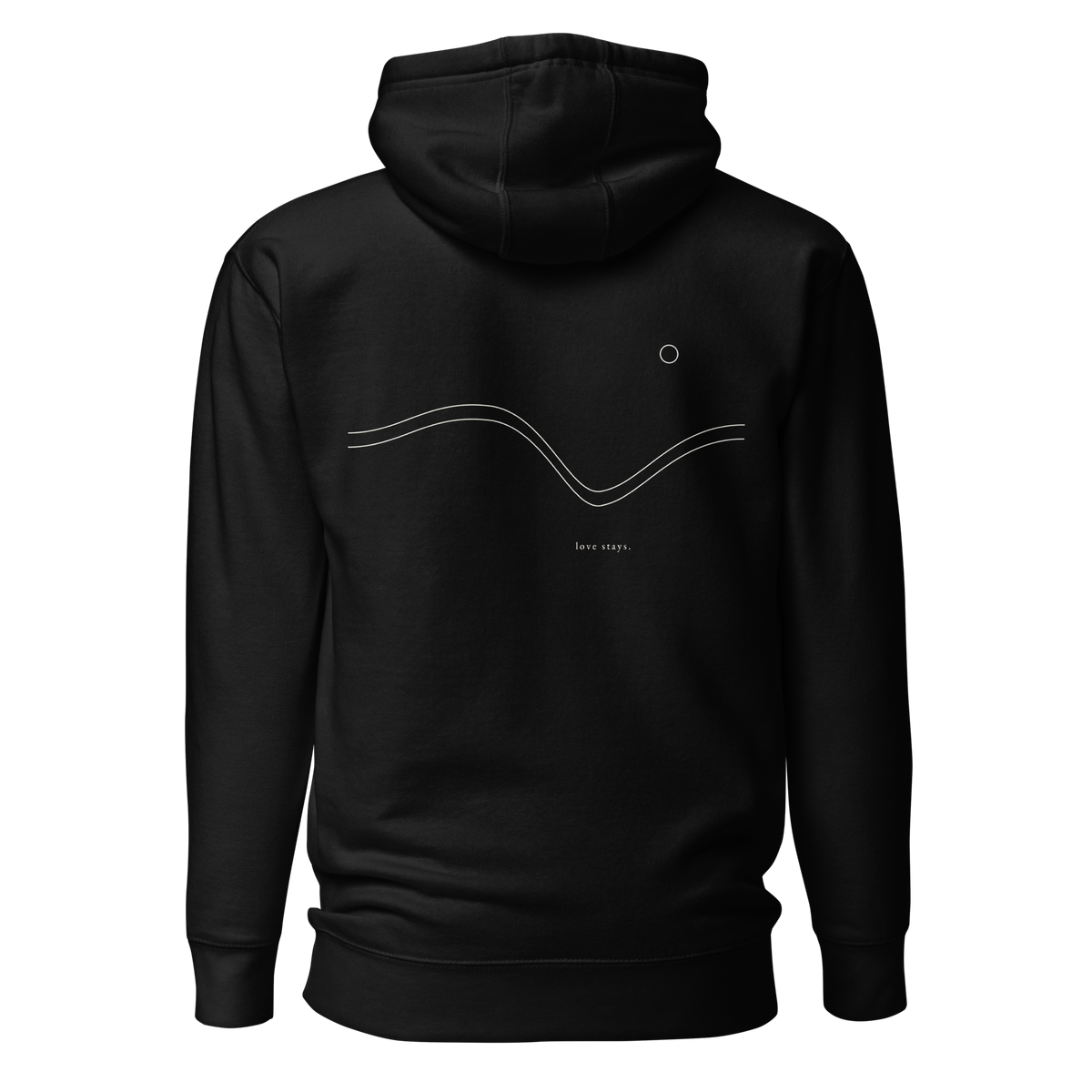 Black love stays. The Held Line Hoodie, alternate back product view with the Held Line drawing