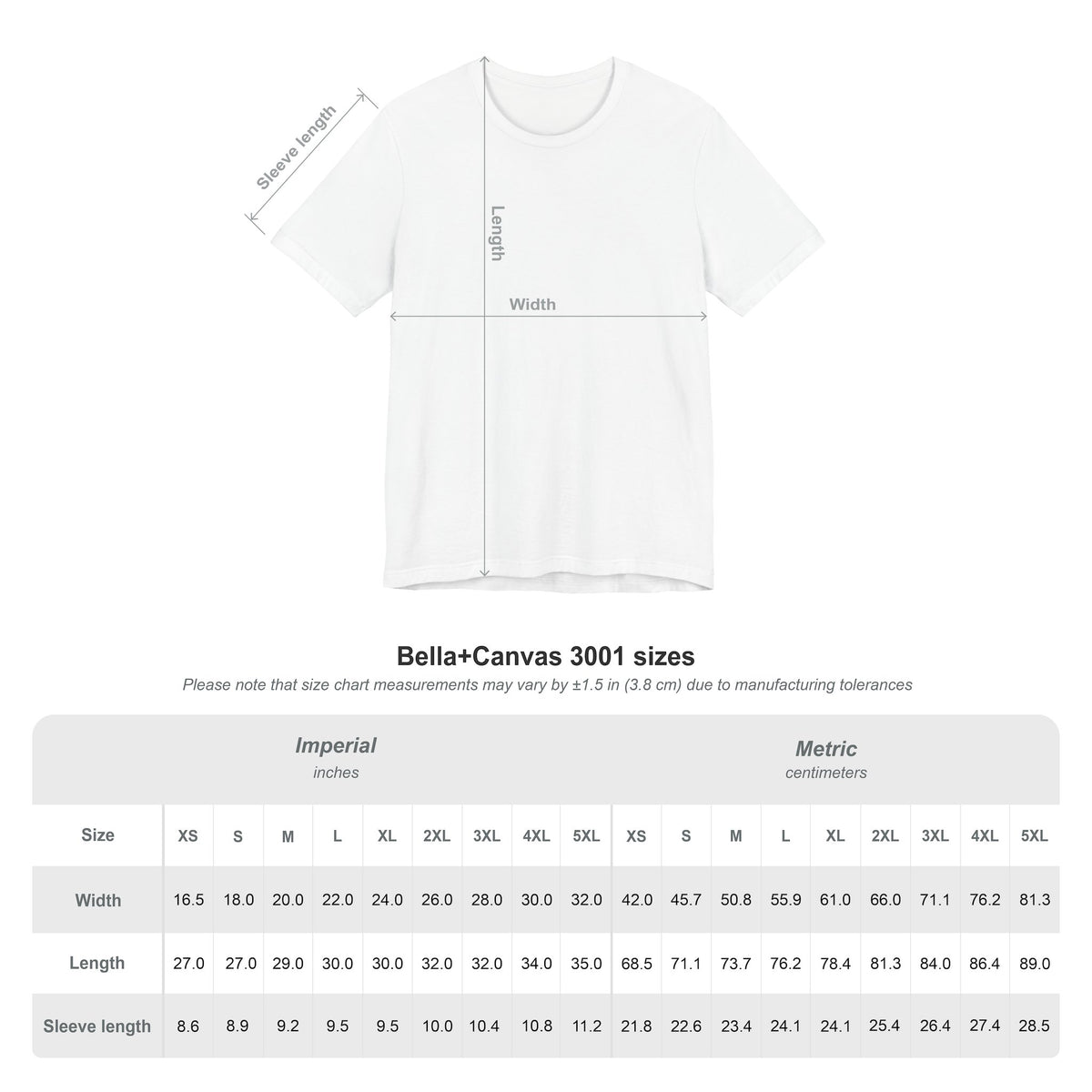 Bella+Canvas 3001 size chart