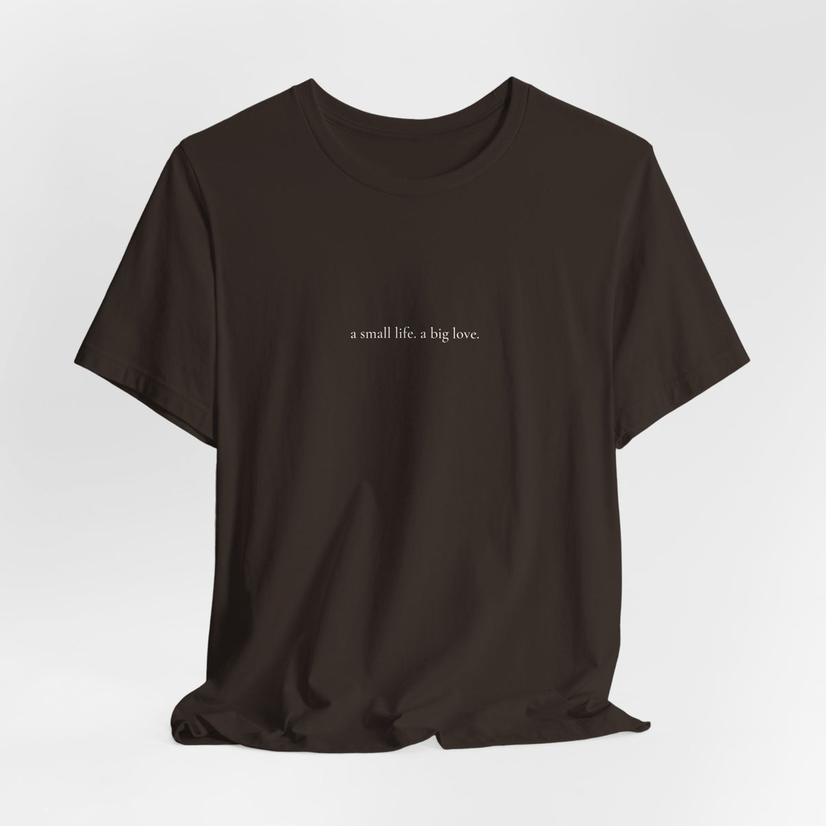a small life. a big love. tee in Brown, on a hanger