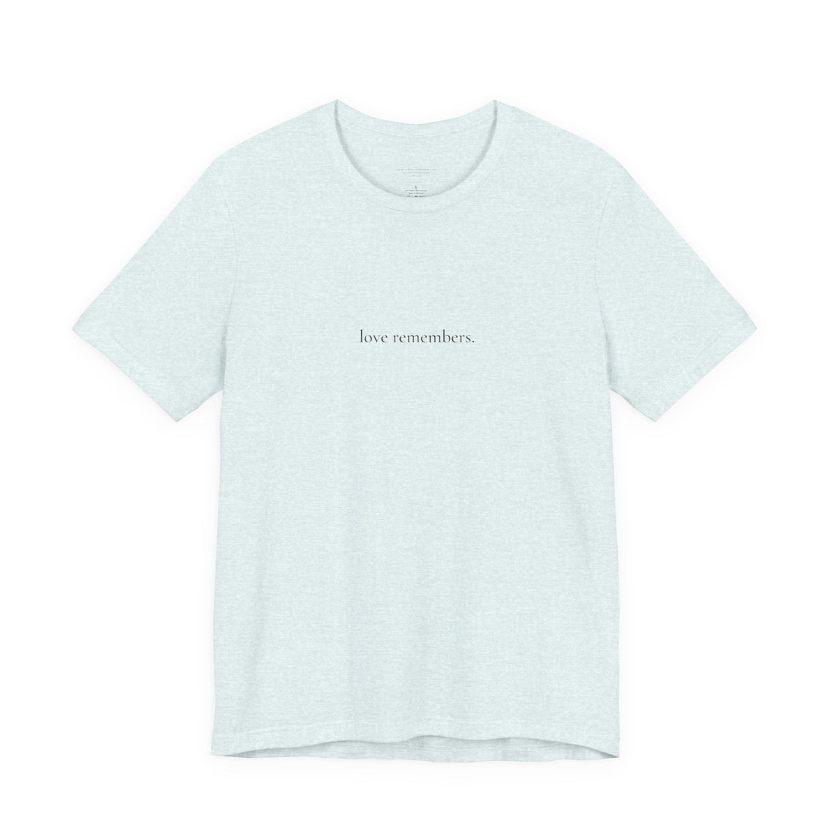 love remembers. tee in Heather Ice Blue, front, oud brown ink