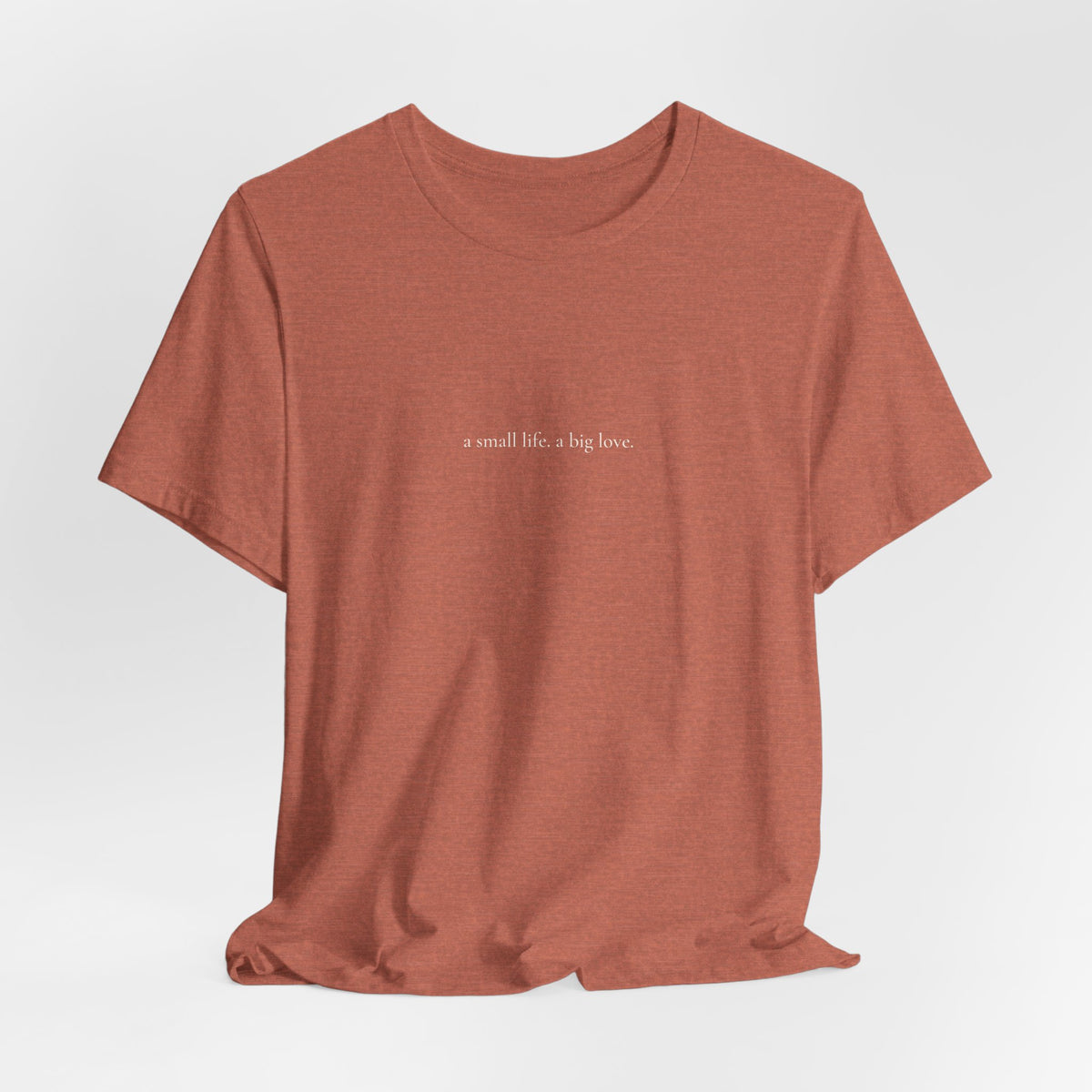 a small life. a big love. tee in Heather Clay, on a hanger