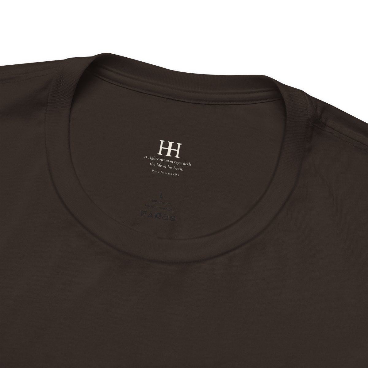 a small life. a big love. tee in Brown, inside collar printed with a small HH mark above Proverbs 12:10