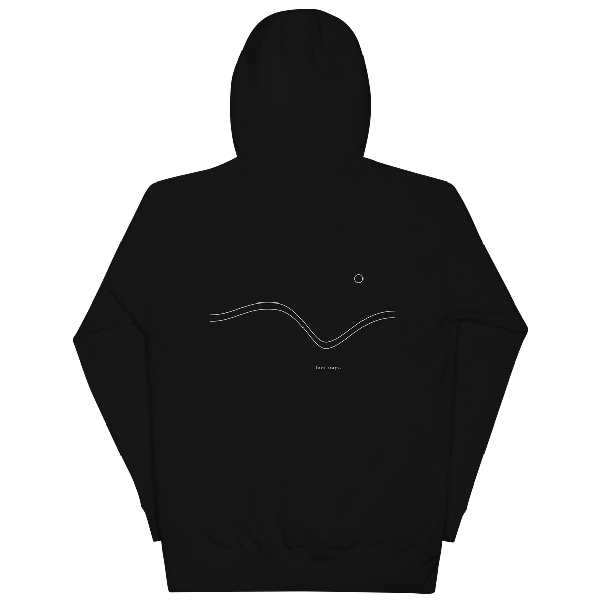 Black love stays. The Held Line Hoodie laid flat, back with the full cream Held Line drawing