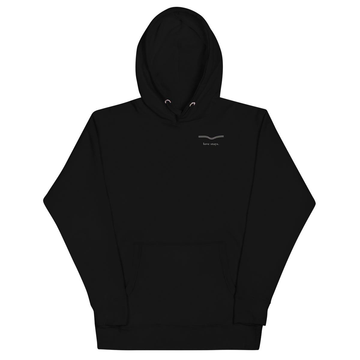 Black love stays. The Held Line Hoodie laid flat, front with small cream love stays. mark on the left chest